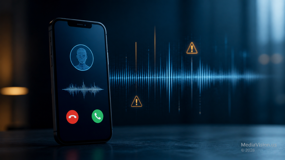 Smartphone call with synthetic voice waveform warning about AI voice-cloning fraud