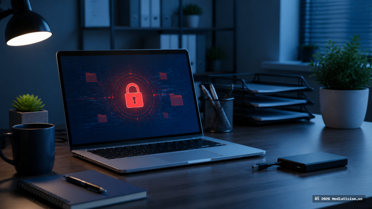 Business laptop showing encrypted files beside a disconnected external backup drive