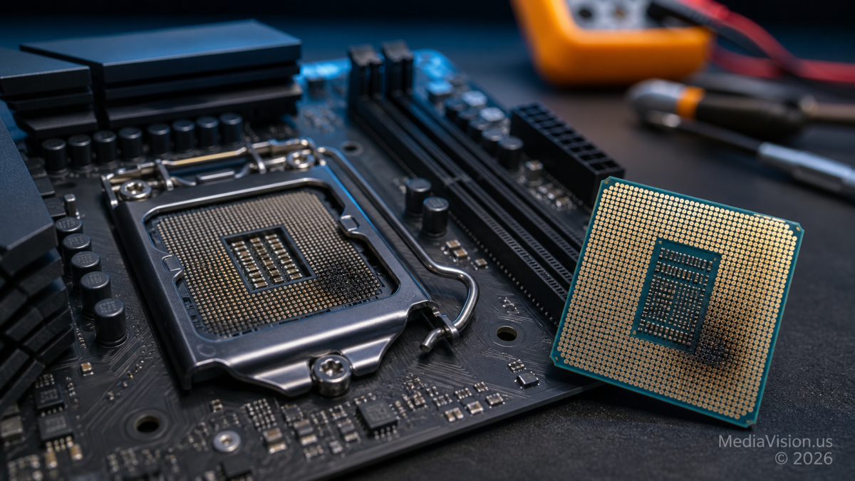 AM5-style processor and motherboard socket with localized heat damage on a repair workbench