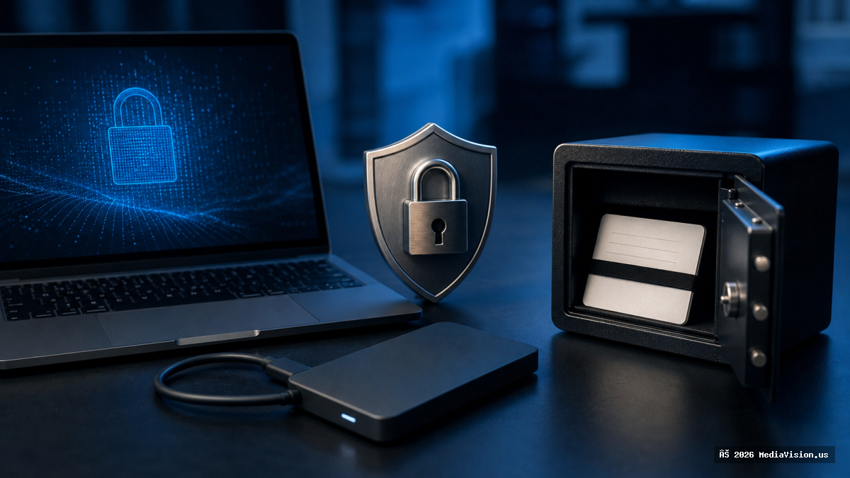Encrypted laptop and external drive with a recovery key stored separately in a safe