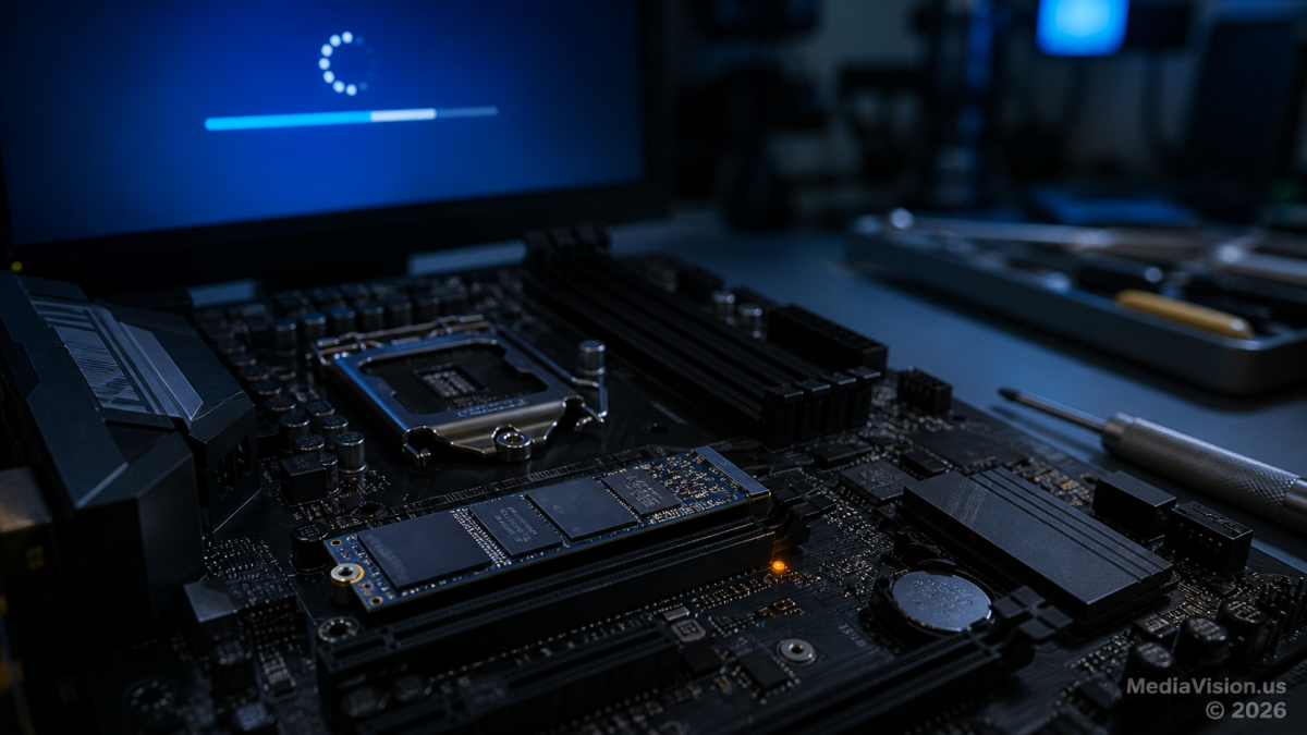 M.2 NVMe SSD on a desktop motherboard during a Windows update diagnostic